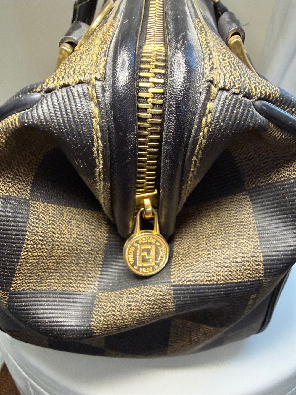 Fendi Brown and Black Checker Boston Bag - Picture 7 of 10
